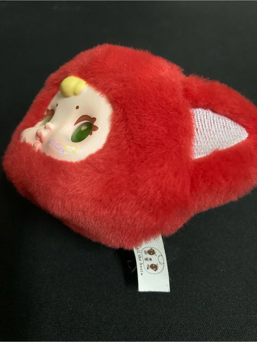 Red Plush Small Pet Toy Keychain with Green-Eyed Face